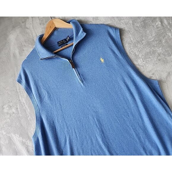 Polo Ralph Lauren Vest Mens Size 2XL Blue 1/4 Zip Pullover Pony Logo Pima Cotton - Picture 1 of 7